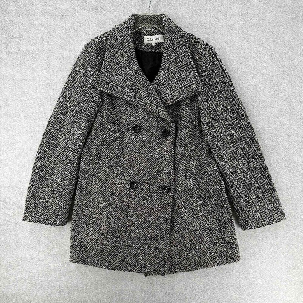 CALVIN KLEIN PeaCoat Women 12 Herringbone Jacket Black Wool Double Breasted - Picture 1 of 10